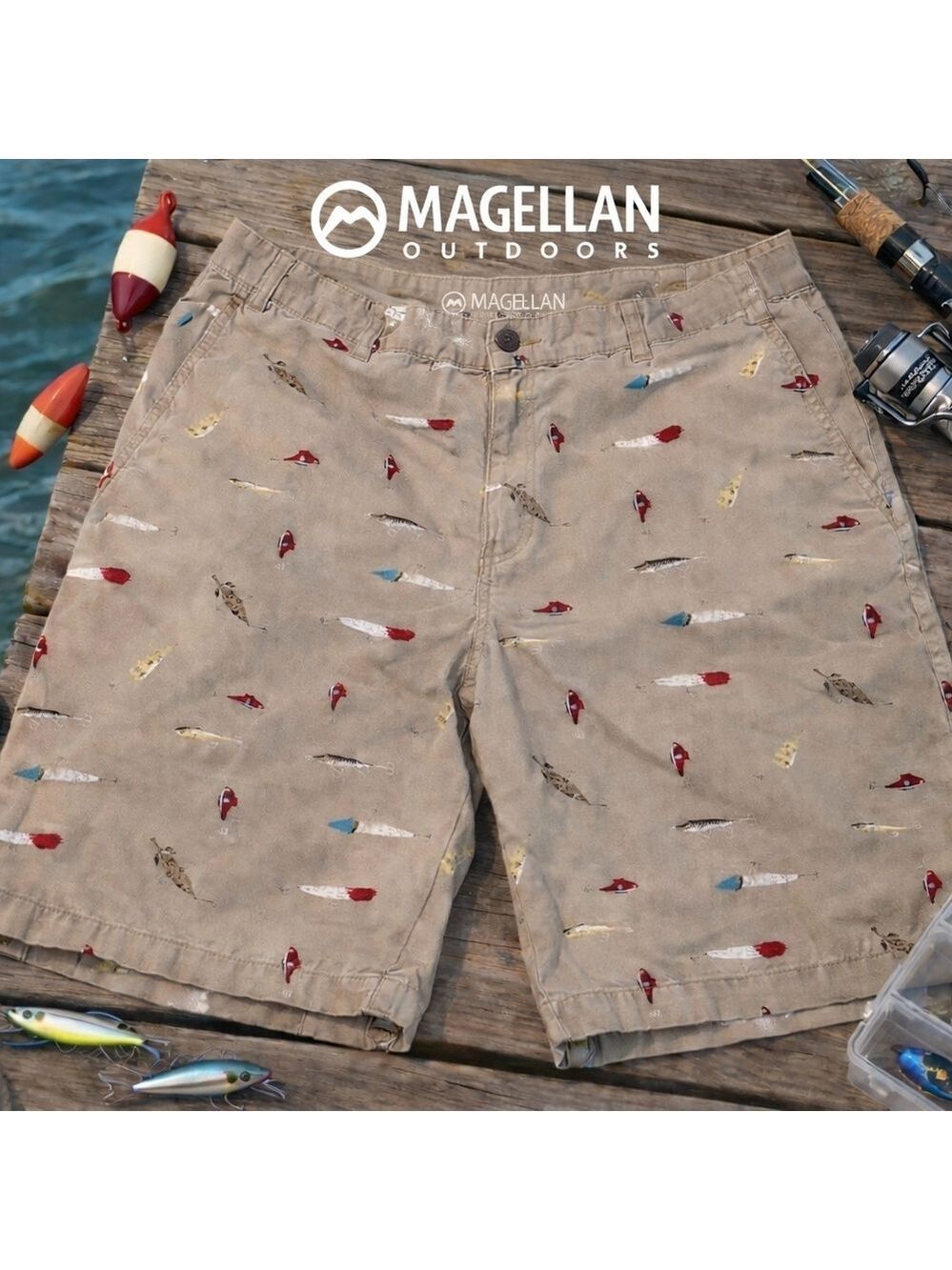 Magellan Outdoors Fishing Lure Print Khaki  Shorts Size 33